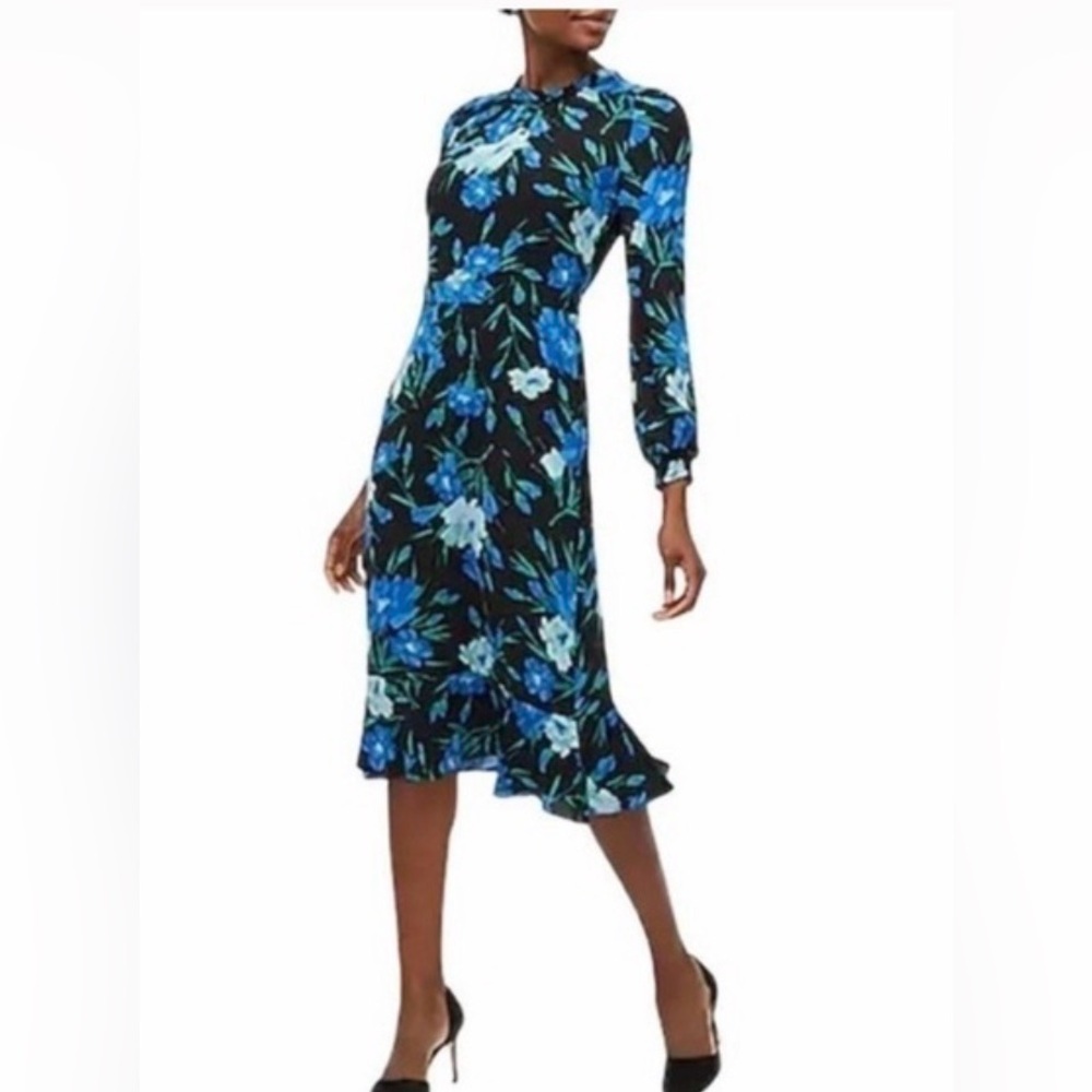 J Crew Ruffle Neck Blue Floral Peasant  Midi Dress